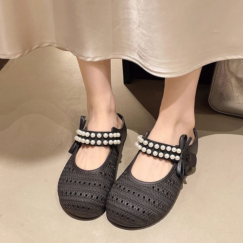 Can't shake off cut outsummer pearl toe slippers knittingfashion half slippers lazy one-leg flat toe shoes