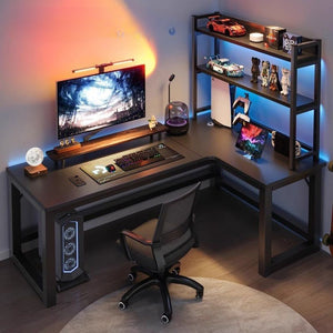 Corner gaming desk - reversible design, desktop computer desk, home office double desk with integrated bookshelf, bedroom corner table