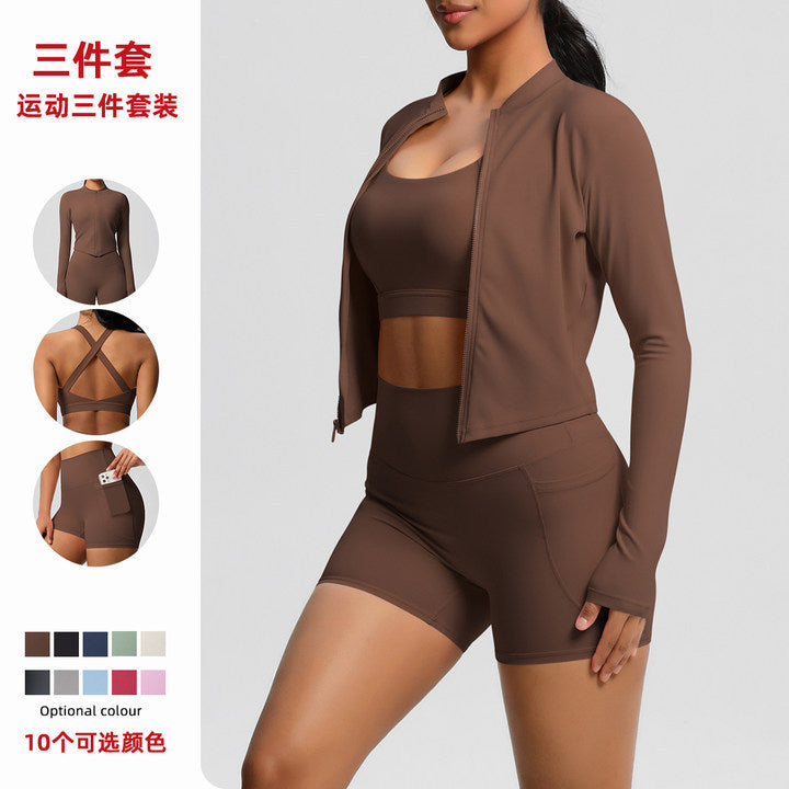 European and american solid color racerback bra, compression yoga top, pocket shorts, cloud-like running fitness set - 3 piece activewear set