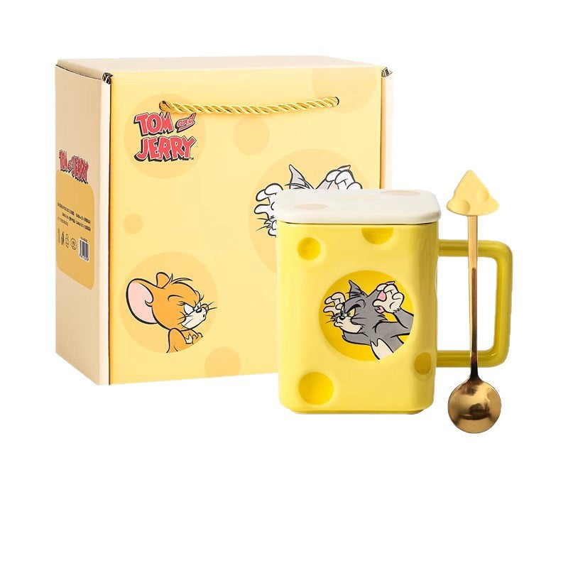 Cat and Mouse Square Cheese Mug with Lid and Spoon Gift Box Household Ceramic Mug Coffee Mug Birthday Gift