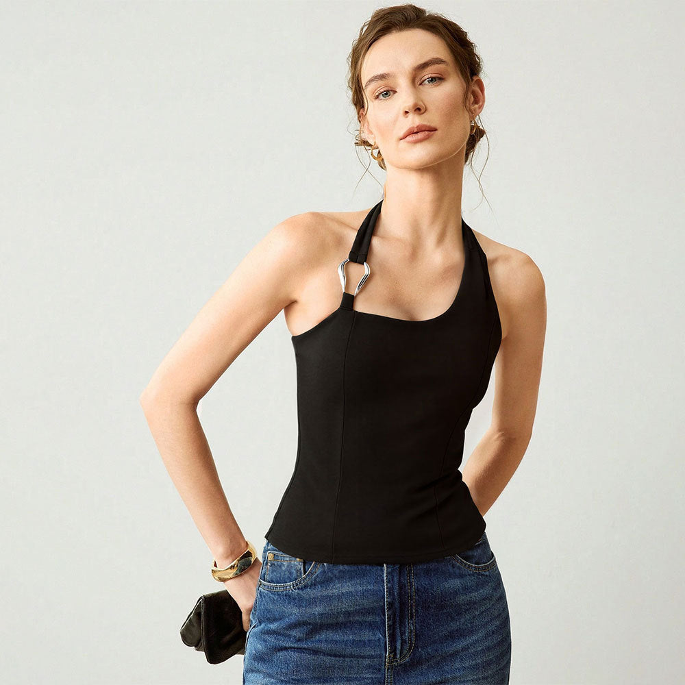 Fashionexportnew arrival yoga sports vest women's quick-drying training dance metal buckle decoration halter neck slim-fitting tops