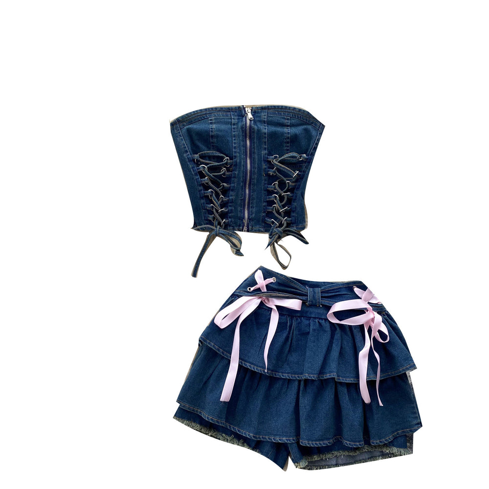 Pure desire sexy hot girl denim suit women's french strap sleeveless tube top vest high waist a-line cake skirt