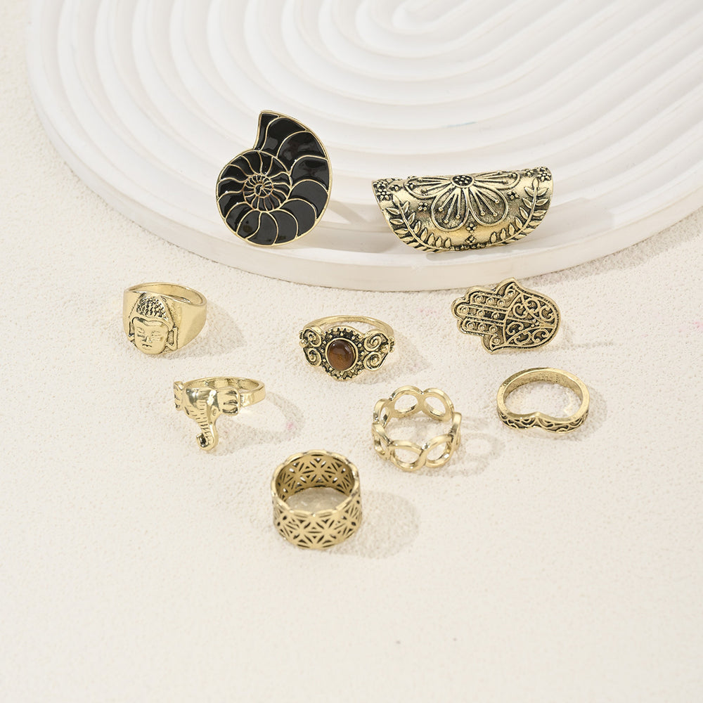 European and american vintage trendy flower conch ring set wholesale, retro niche punk distressed hollow ring wholesale