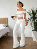 european and american  cross-border solid color one-shoulder ruched t-shirt and flare pants two-piece set for women