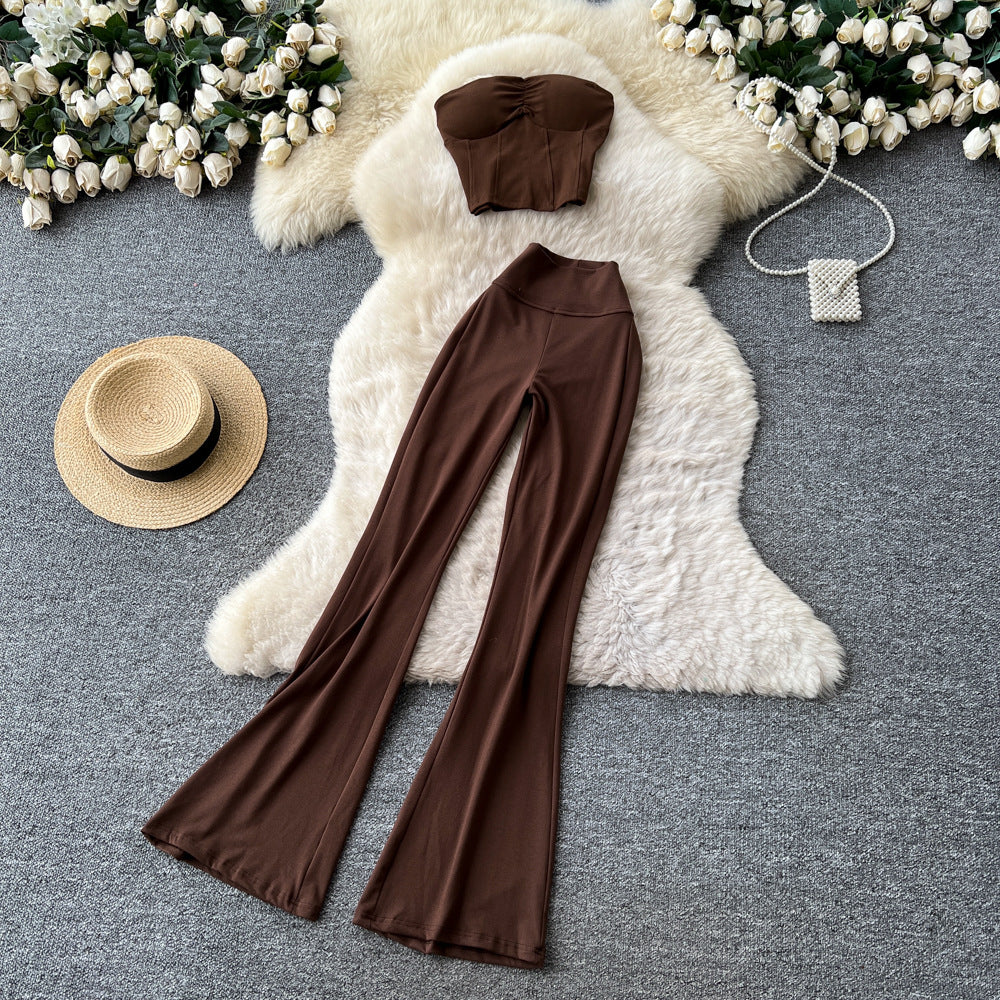Sexy commuting style tube top tank top hot girl high waist flare pants women's summer casualtwo-piece setelegantsuit