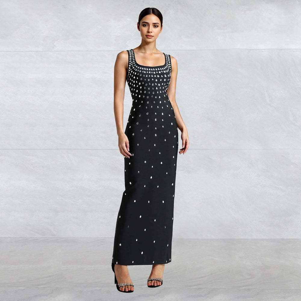 C7117 cross-border   fashion women's hotfix rhinestone u-neck sleeveless bodycon mini dress