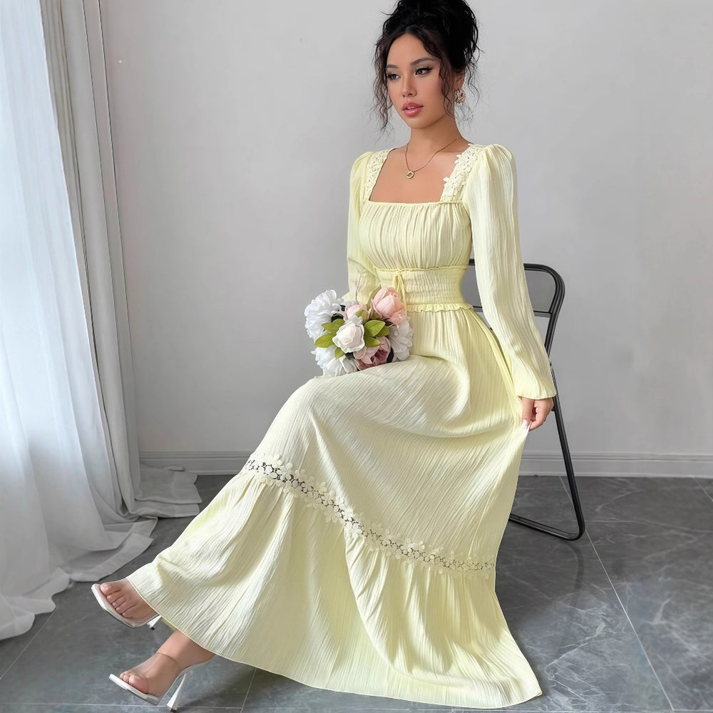 European and american cross-border women's fashion:  early autumn new arrival - solid color long sleeve u-neck lace trim patchwork cinched waist maxi dress