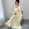European and american cross-border women's fashion:  early autumn new arrival - solid color long sleeve u-neck lace trim patchwork cinched waist maxi dress
