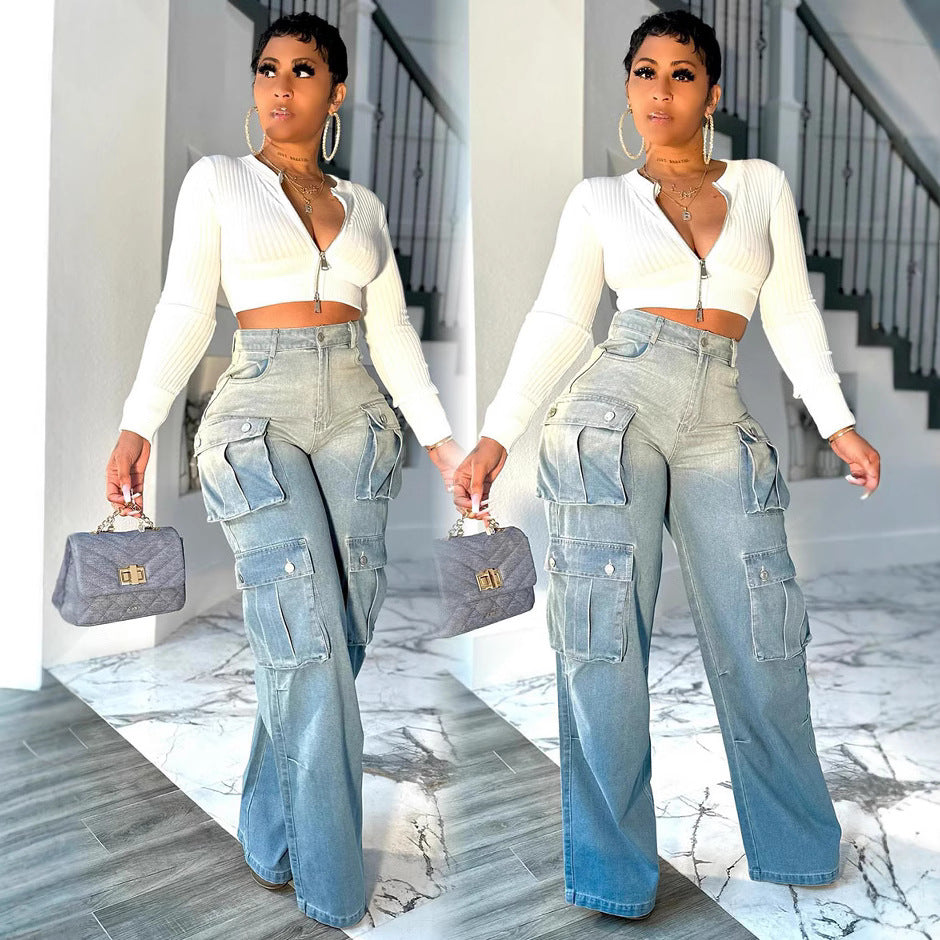 European and american style tie-dye jeans -  cross-border women's fashion high-waisted multi-pocket gradient wide-leg pants
