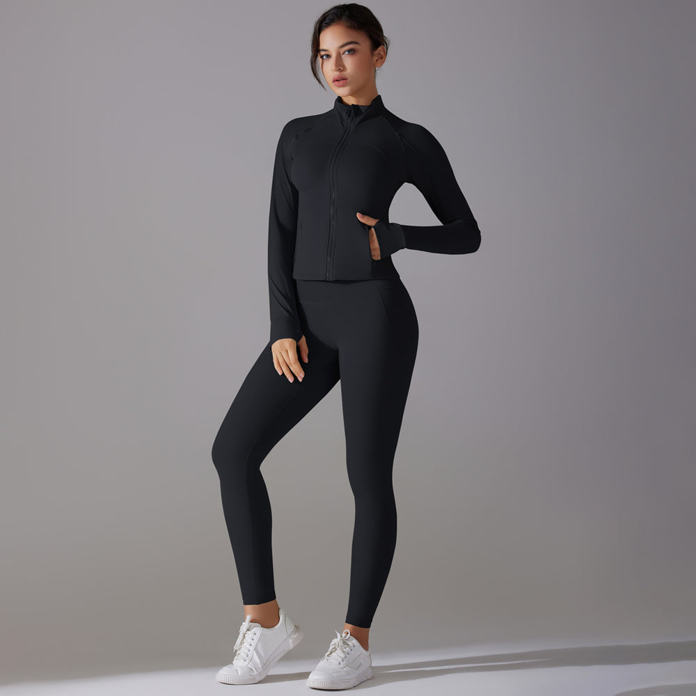 New arrival: solid color antibacterial seamless underwear zip-up yoga set - two-piece activewear for running and fitness