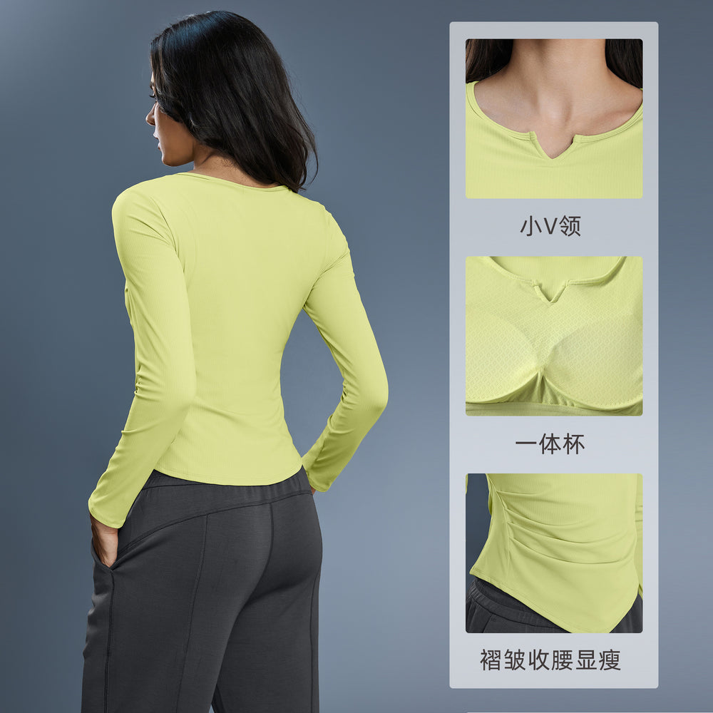 Women's v-neck stretch slim-fit yoga top for autumn - includes bra pads, long sleeve fitness t-shirt d25175