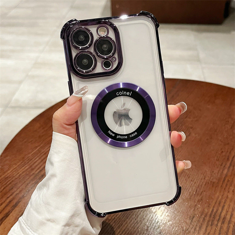 Four-corner anti-fall electroplating suitable for apple 16pro double-circle magnetic mobile phone case iphone12/14 simple protective cover