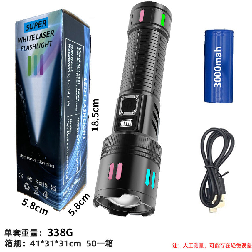 Cross-border strict selection of white laser flashlight outdoor emergency long battery life telescopic zoom remote digital display strong light flashlight