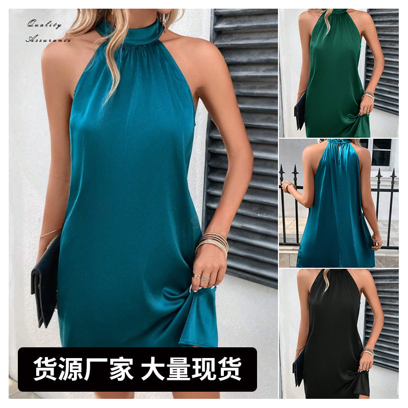 Sleeveless satin halter midi dress - ready stock for  cross-border e-commerce (us & european fashion)
