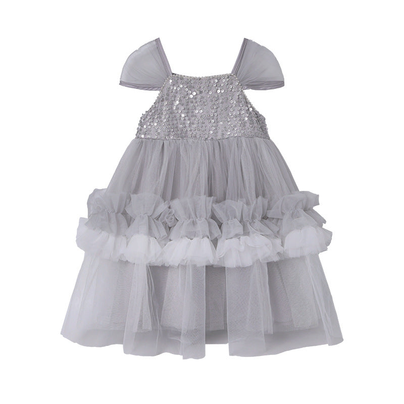 Girls' princess dress  mesh cake dress high-end grey birthday heavily embellished gown sequin dress