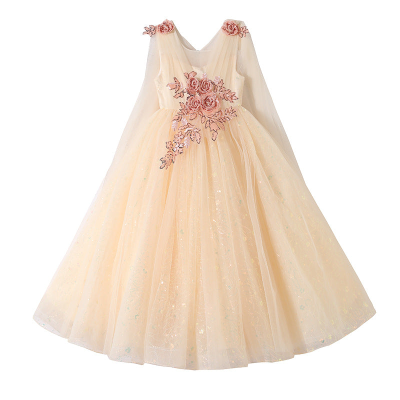 Girls' high-end formal dress  new arrival: shawl and ribbon detail, european and american style, perfect for piano recitals, banquets, and evening events. in stock for cross-border e-commerce