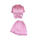 Summernew arrivaleasiest for matchknitting shirttwo-piece setfemaleretrocontrast color short-sleeved tops+high waistpleated skirt