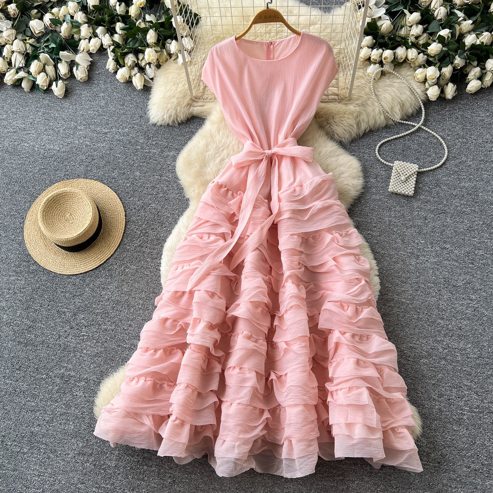 spring/summer new arrival: elegant solid color round neck sleeveless dress - loose fit, tie-waist, multi-layered ruffle maxi dress