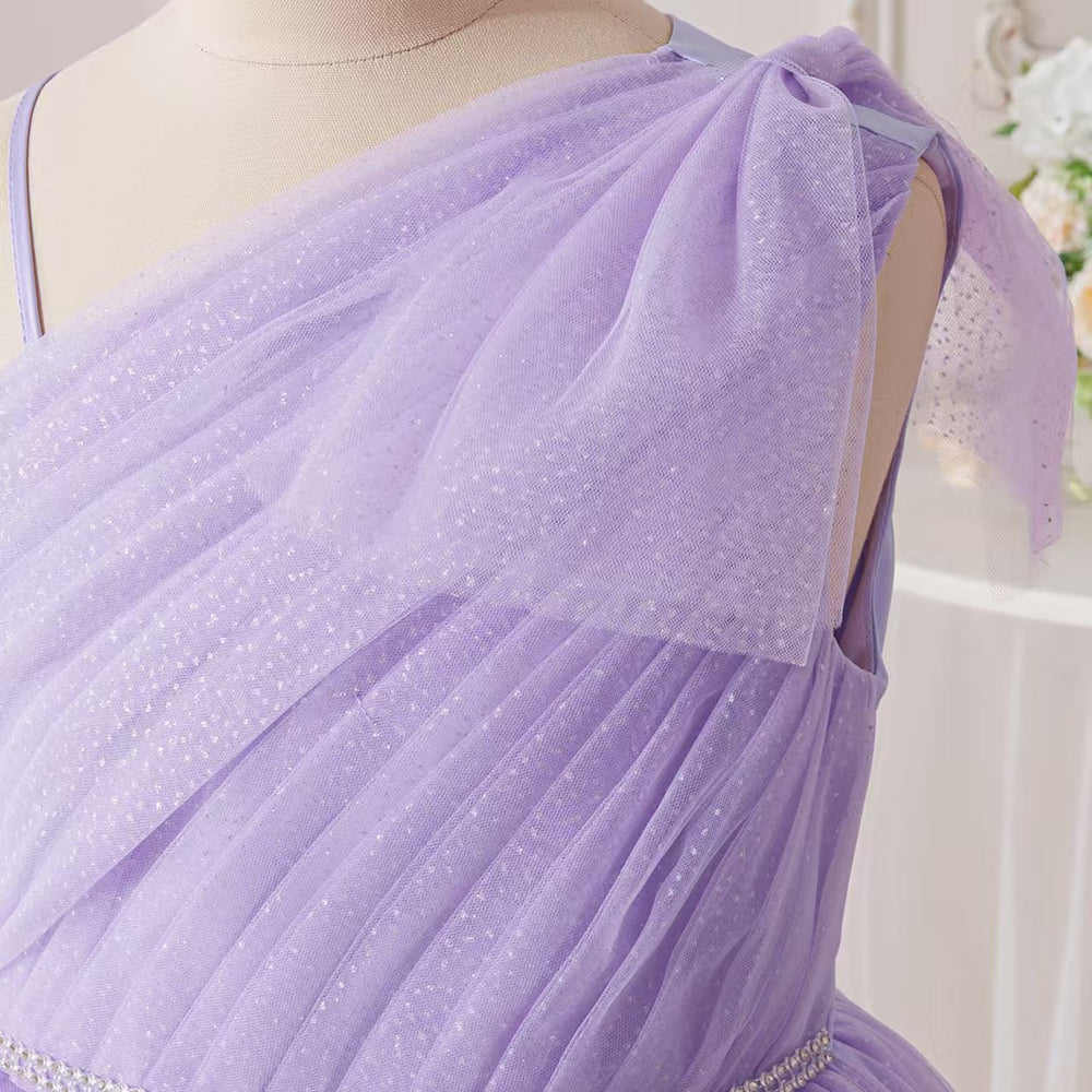 Girls' one-shoulder bowknot tulle princess dress - purple long gown for children's formal occasions, piano recitals, and performances