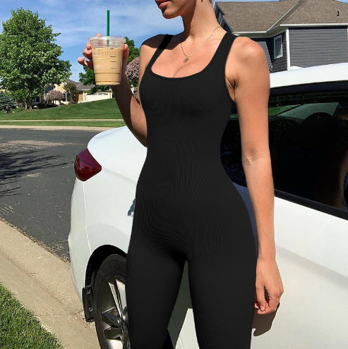 2024 Foreign Trade Women's Solid Color Sleeveless Vest onesie Threaded square neck backless hip lift slim-fit sports jumpsuit