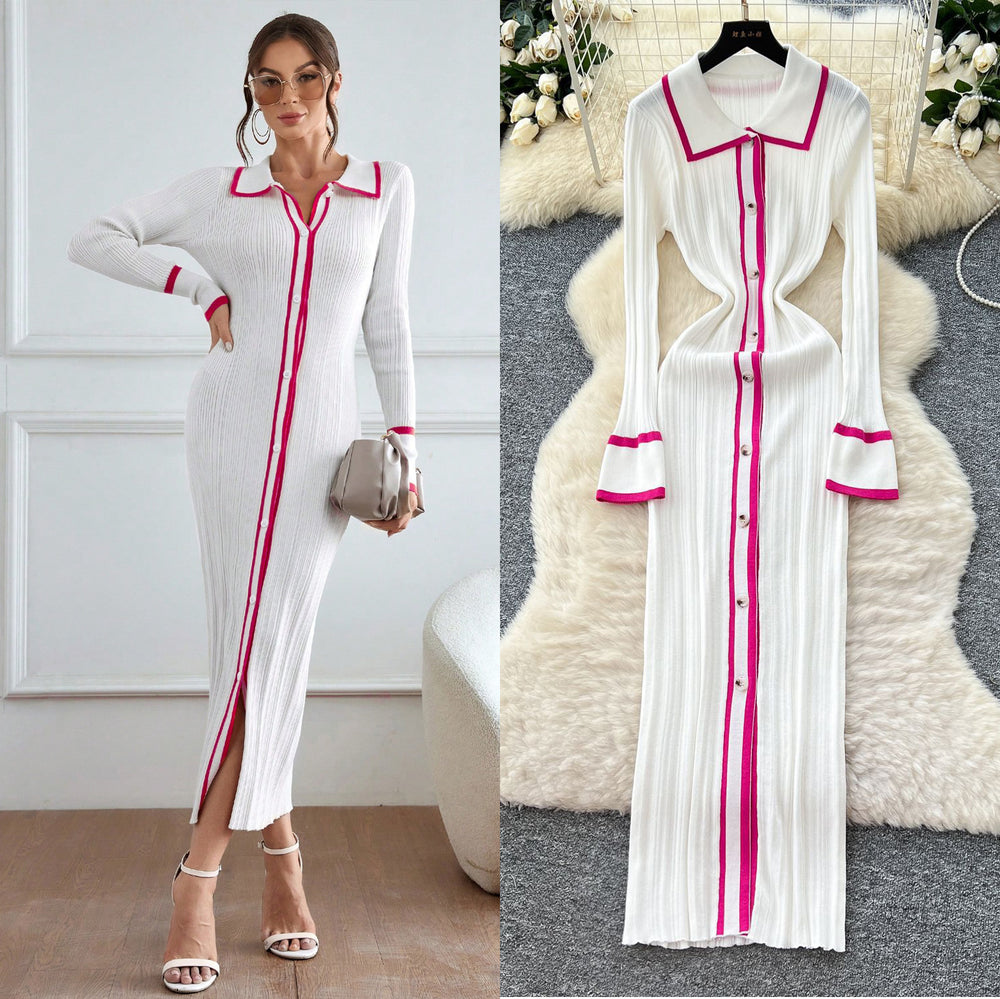 Classysense niche stylecontrast colorpolo collar bell sleeves single breasted silmslimming lookknittingdress women's bottom long skirt