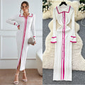 Classysense niche stylecontrast colorpolo collar bell sleeves single breasted silmslimming lookknittingdress women's bottom long skirt