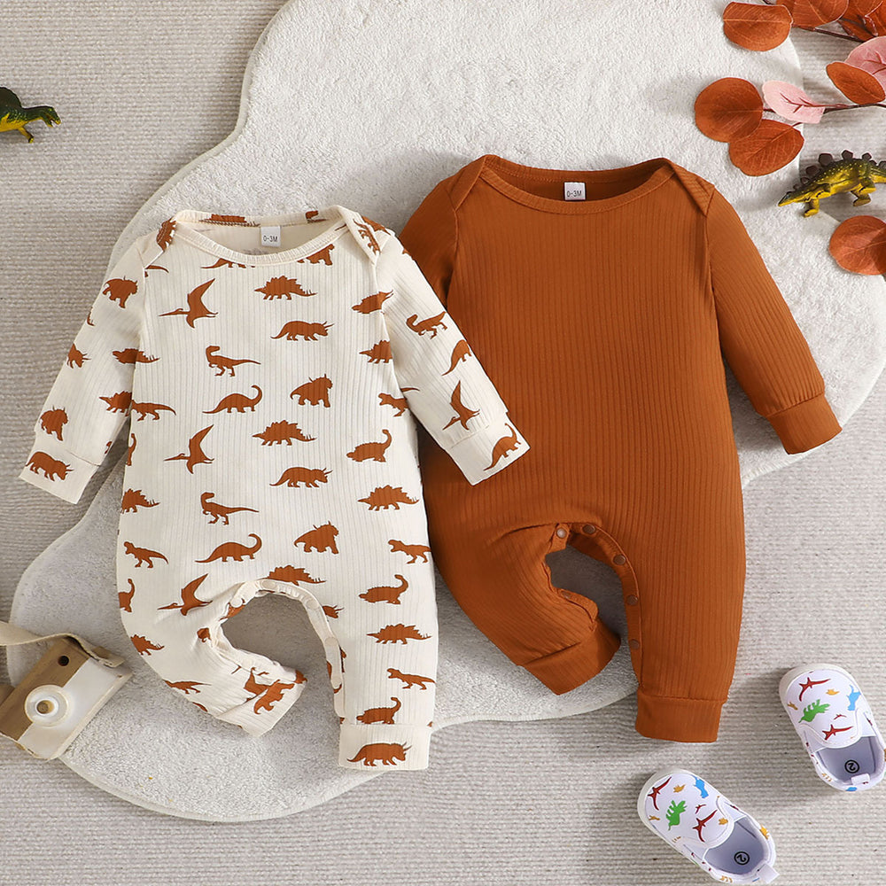 newborn & infant casual long-sleeve solid color romper with dinosaur print romper two-piece set