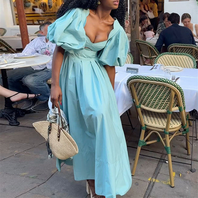 European and american cross-border women's fashion:  summer new arrivals - sexy and elegant square neck, puff sleeve, high-waisted midi dress