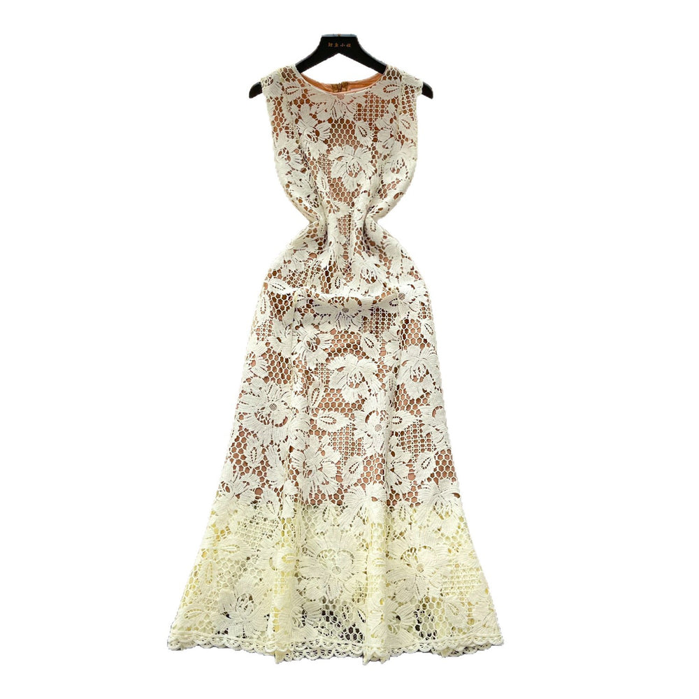French romantic style heavy lace cutout dress - women's summer sleeveless high waist a-line slimming elegant maxi dress