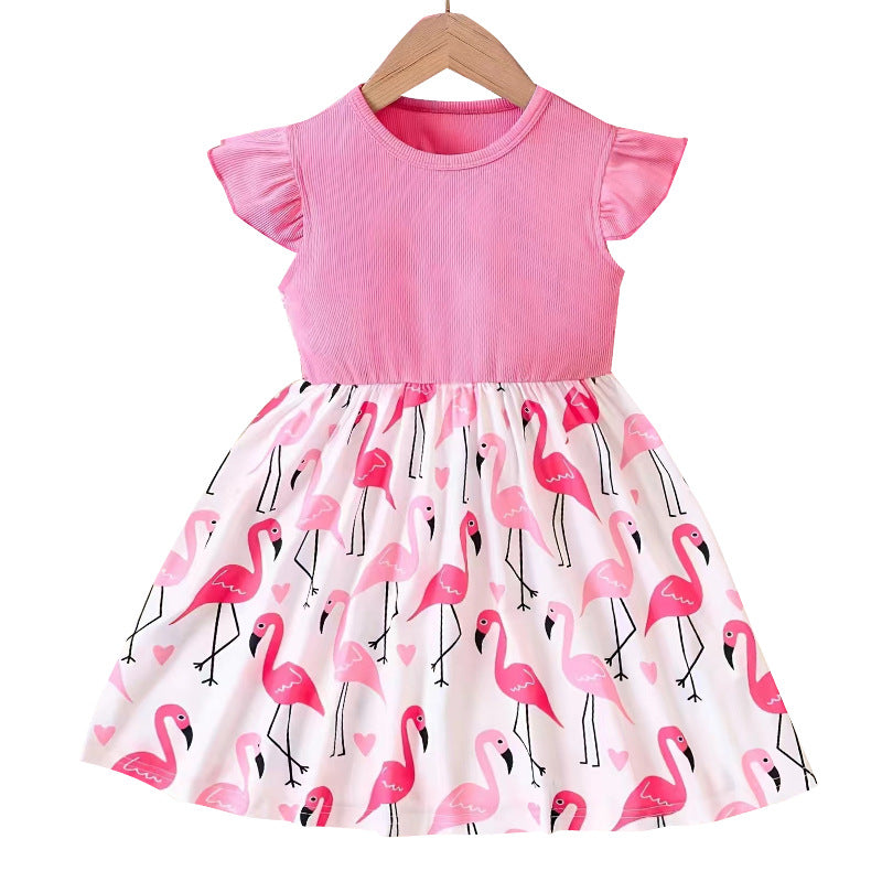 Ojitu  new cross-border collection: girls' and children's summer printed ruffle trim casual everyday dress