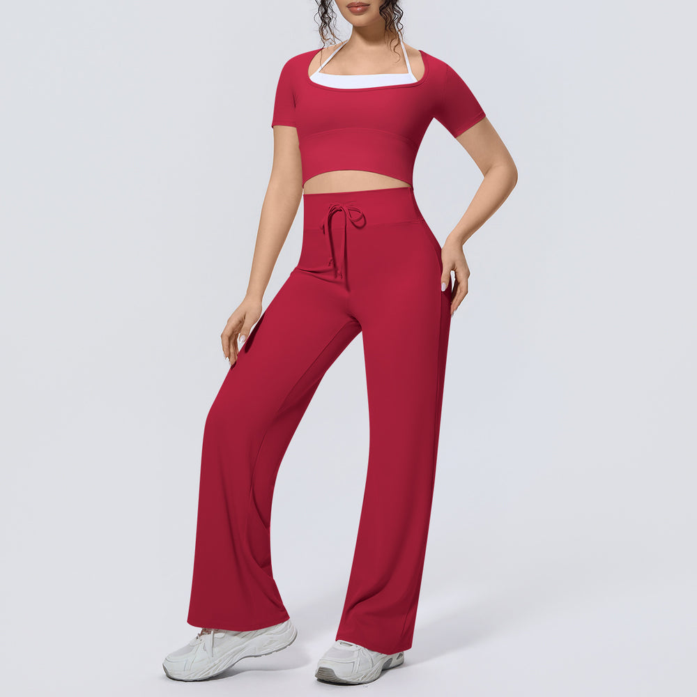 pure color double-piece nude high-elastic fake two-piece yoga suit sports running fitness short-sleeved two-piece set for women