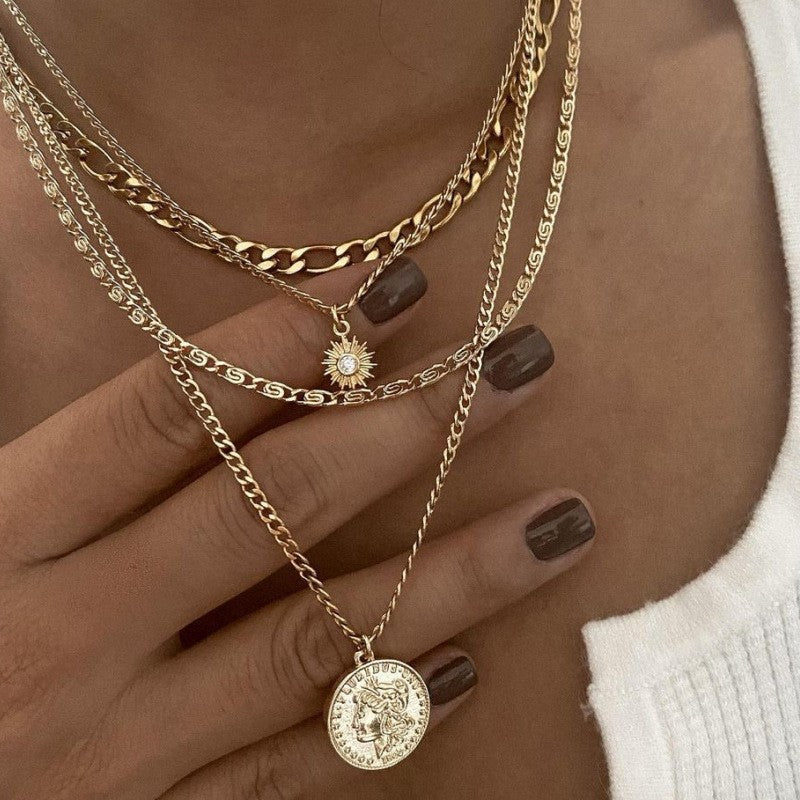 Wholesale alloy necklaces - new european and american cross-border style: minimalist diamond-studded rhombus square pendant, sun charm, multi-layer choker necklace for women