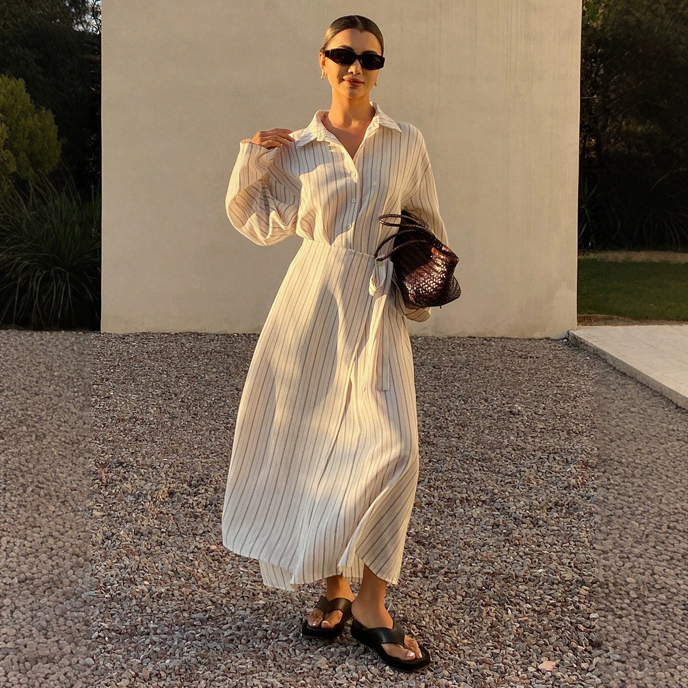 French striped shirt dress - slim fit, slit hem, tie waist, beach vacation style, two-piece look