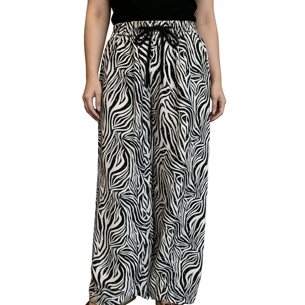 C7768 cross-border  new women's rhinestone drawstring wide-leg pants, vintage animal print casual trousers
