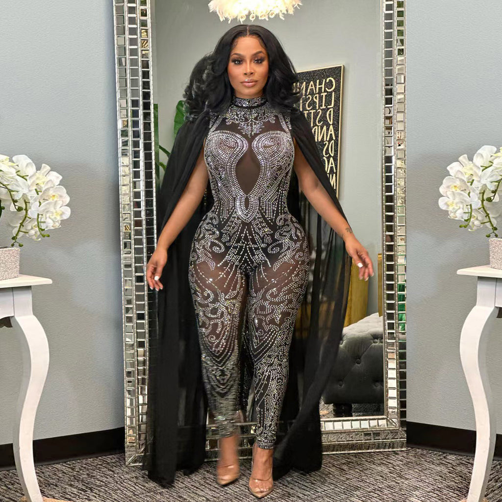 S390446  Cross-border Foreign Trade Fashion Sexy Mesh Perspective Hot Diamond Sleeve Suspender Jumpsuit Women