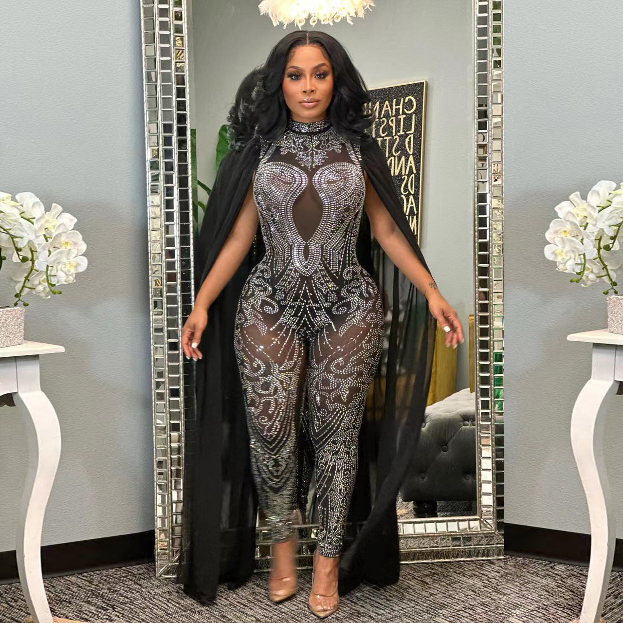 S390446  Cross-border Foreign Trade Fashion Sexy Mesh Perspective Hot Diamond Sleeve Suspender Jumpsuit Women