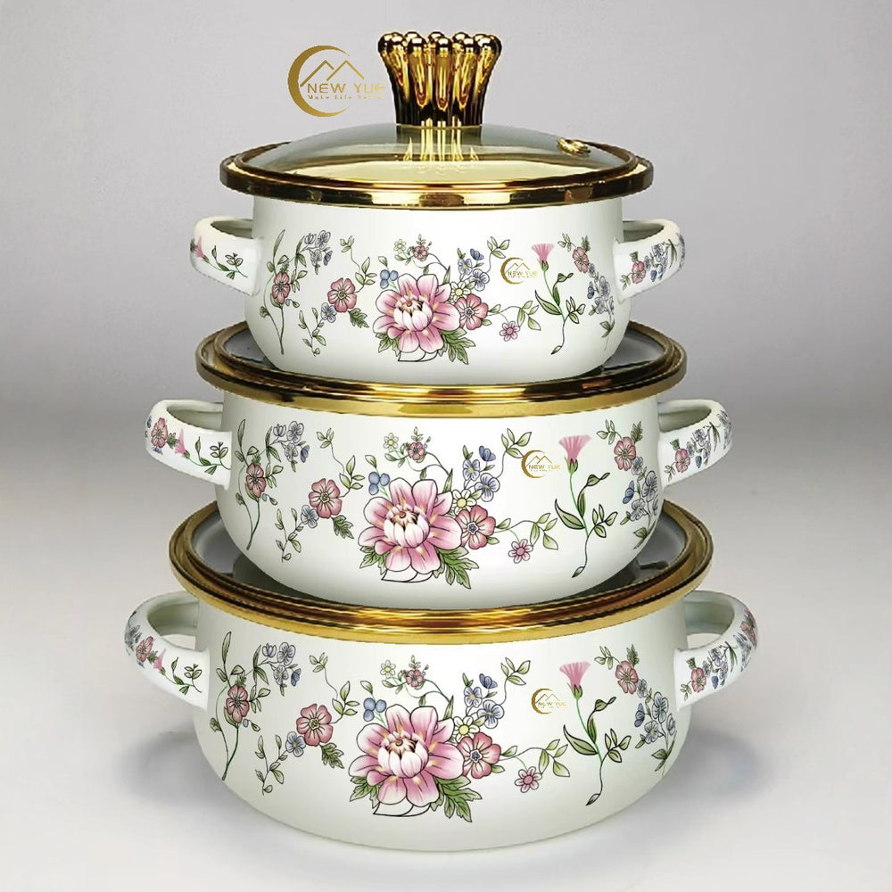 Export cross-mirror enamel small 3-piece pot set, exquisite soup pot, enamel pot, double-ear soup pot suit12cm/14cm16cm