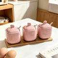 Wow, simple style seasoning jar ceramic seasoning box for home with lid wooden tray msg salt shaker round seasoning jar