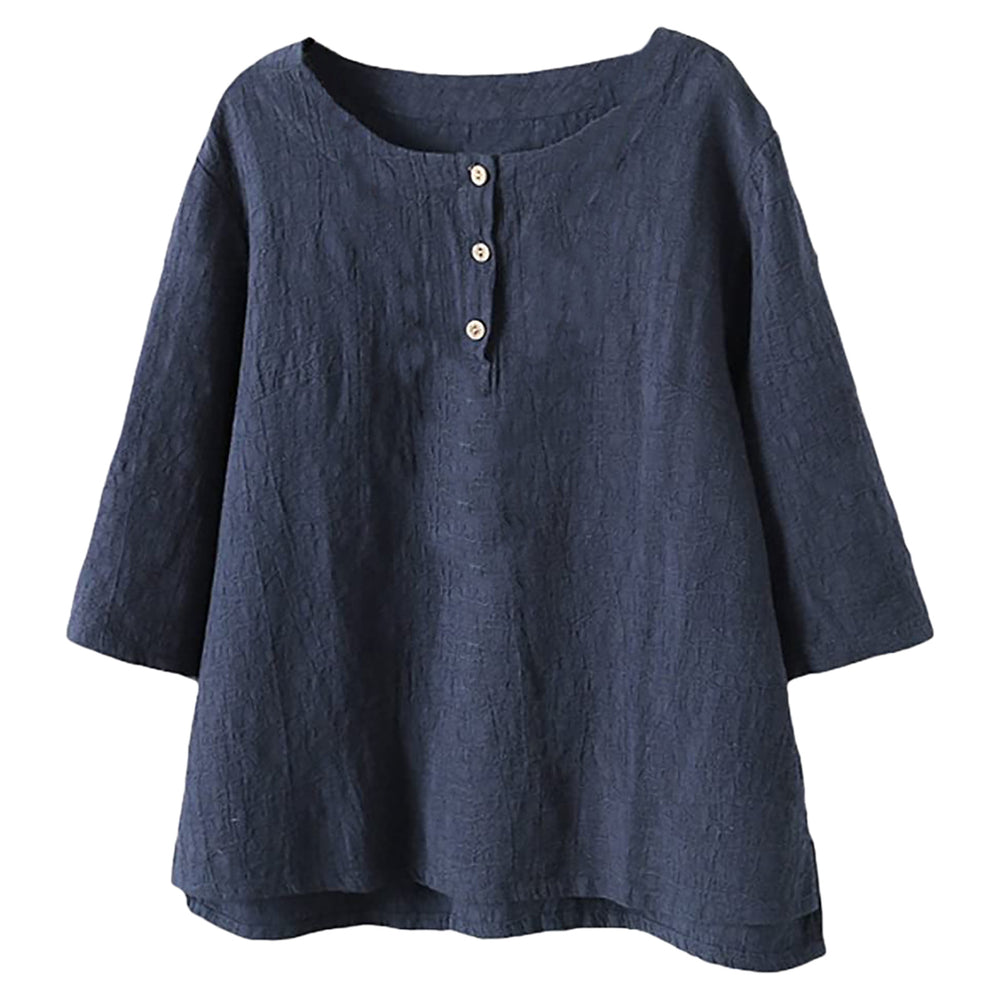 2025 cross-border amazon fashion women's round neck mid-sleeve solid color snap button cotton linen t-shirt - loose fit trendy brand