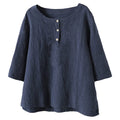 2025 cross-border amazon fashion women's round neck mid-sleeve solid color snap button cotton linen t-shirt - loose fit trendy brand