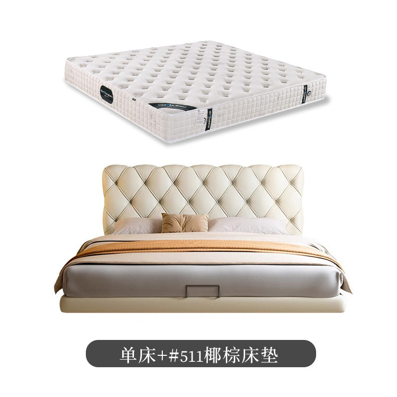Foshan source factory genuine leather bed master bedroom classyelegant double soft leather bed cream style buckle suspended bed