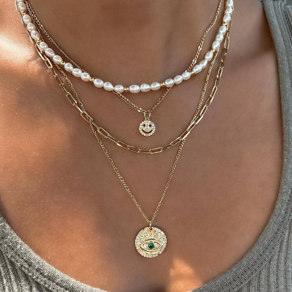European and american chic minimalist faux pearl necklace - vintage french style, light luxury, diamond-accented smiley face & devil's eye layered necklace