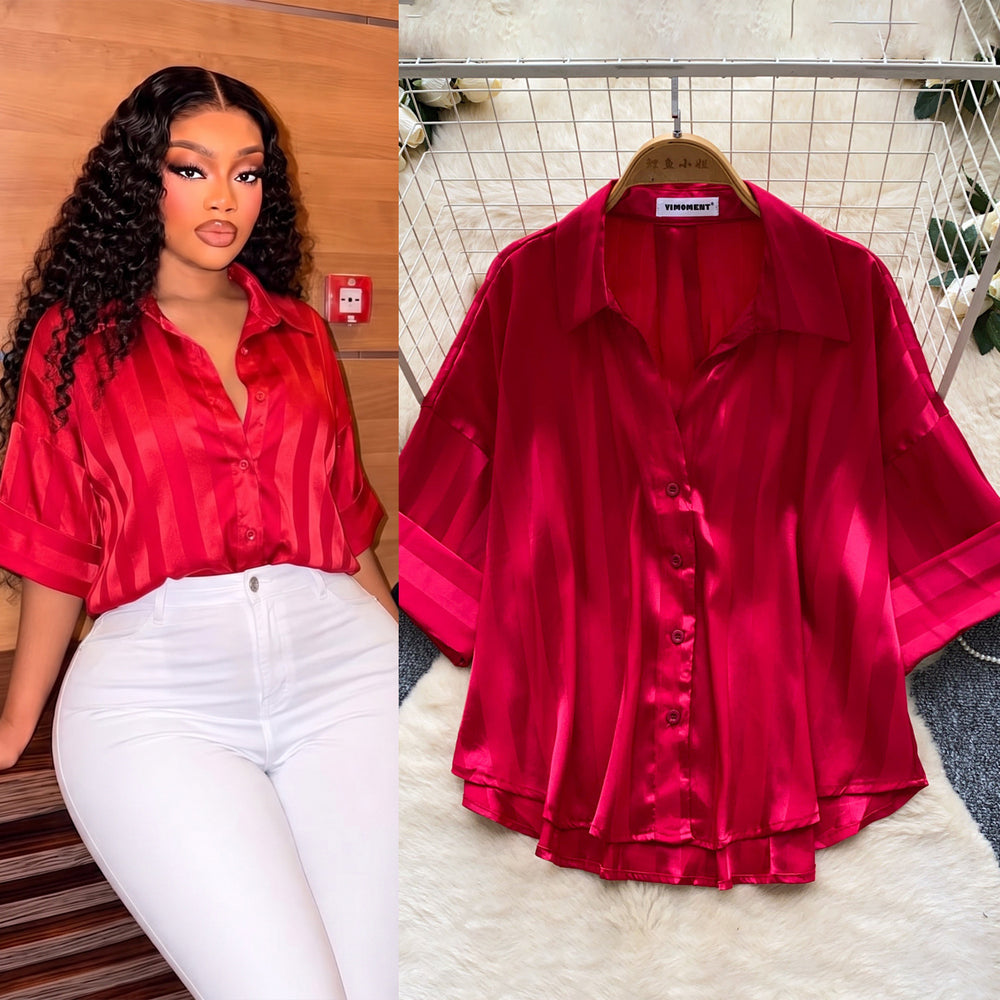 Korean style fashionable niche versatile satin blouse for women,  summer high-end slimming commute chic short top