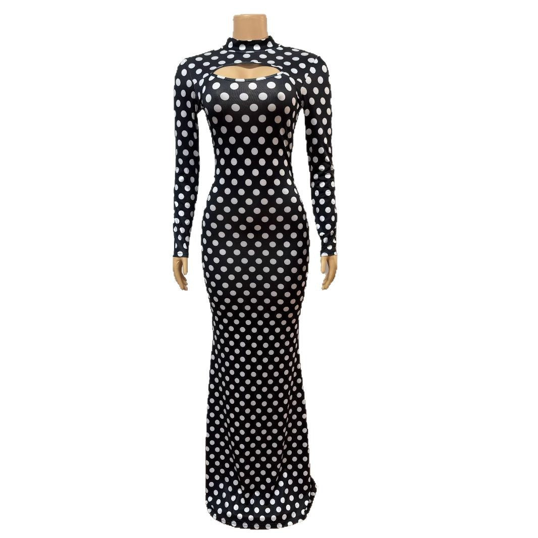 European and American new printed semi-turtleneck hollow sexy hip-wrapped long-sleeved dress polka dot long dress