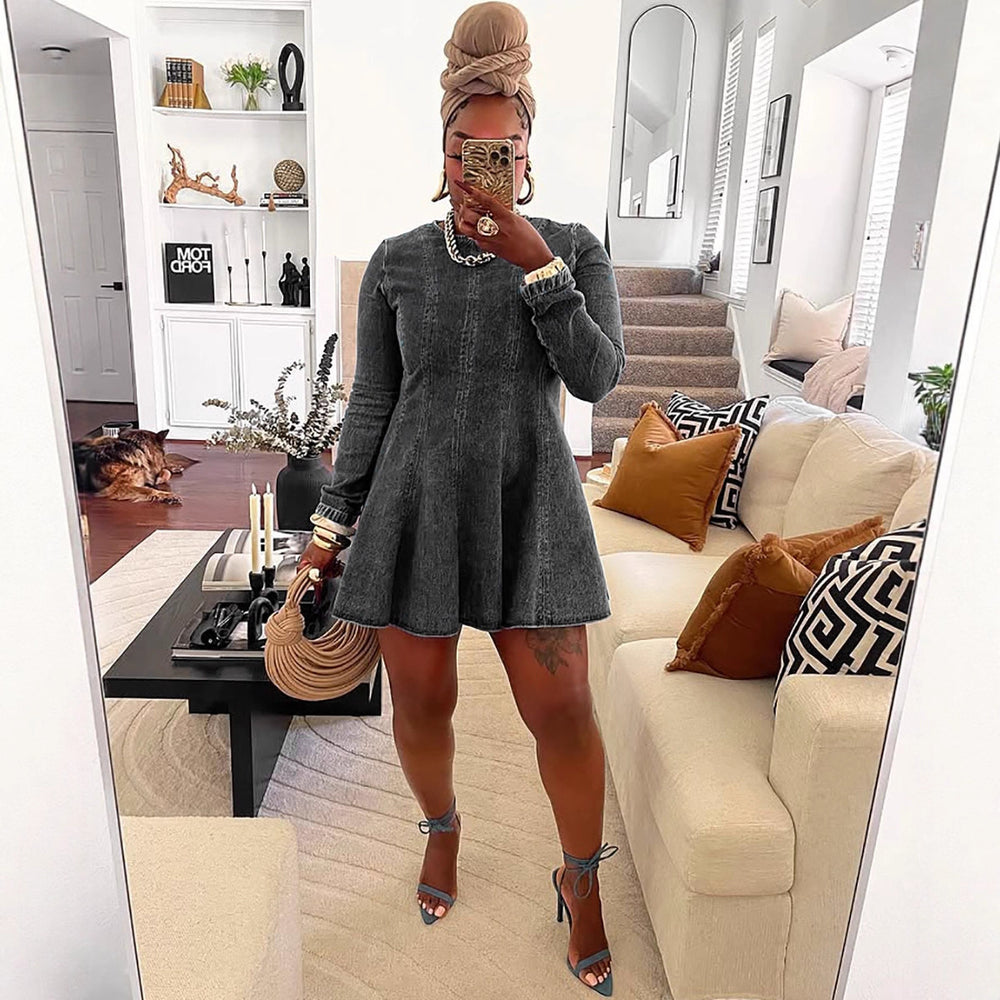 European and american style pleated denim a-line skirt -  cross-border women's fashion - new autumn/winter trendy patchwork denim dress