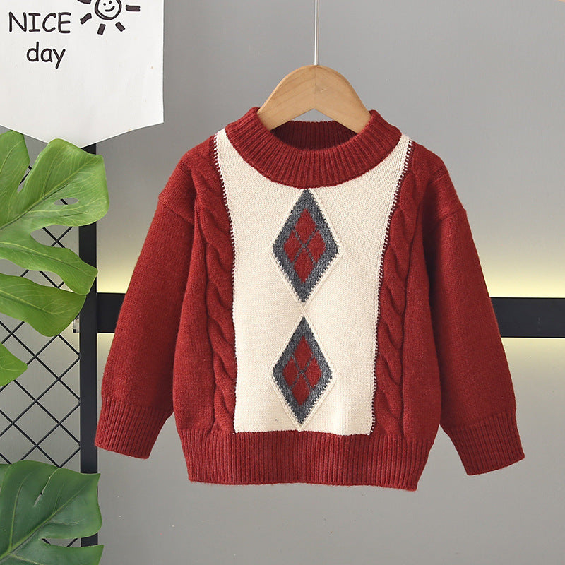 Kids' fleece-lined sweater:  winter collection - thickened pullover knit top, korean style, boys' crew neck wool sweater