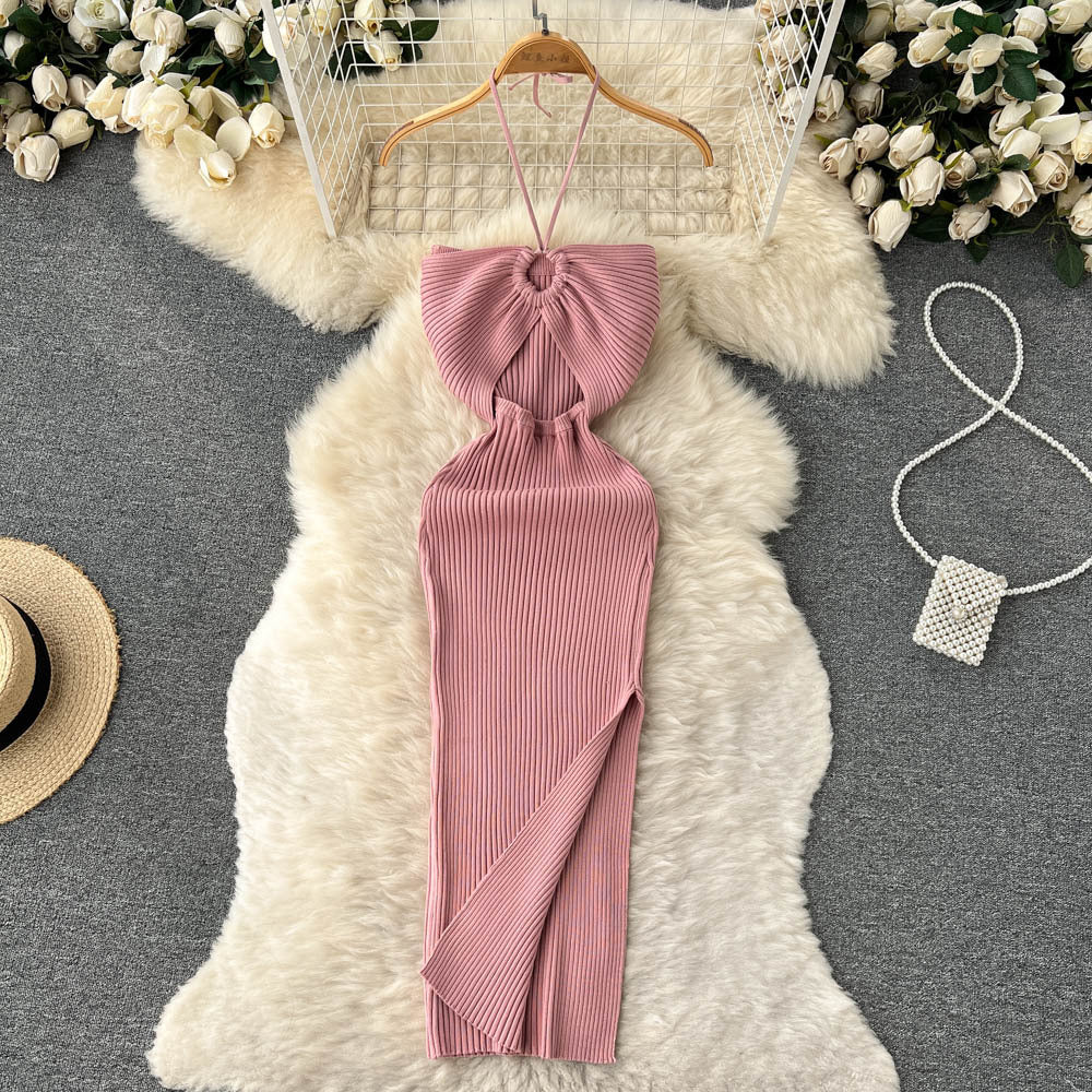 Spring and summer elegant socialite haltercut outtube top hip-covering long skirt women's tight sexybackless slit knitting long skirt