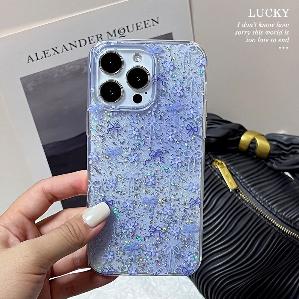 Suitable for iphone17promax blue butterfly flower mobile phone case glue glitter apple 16 anti-fall protective cover