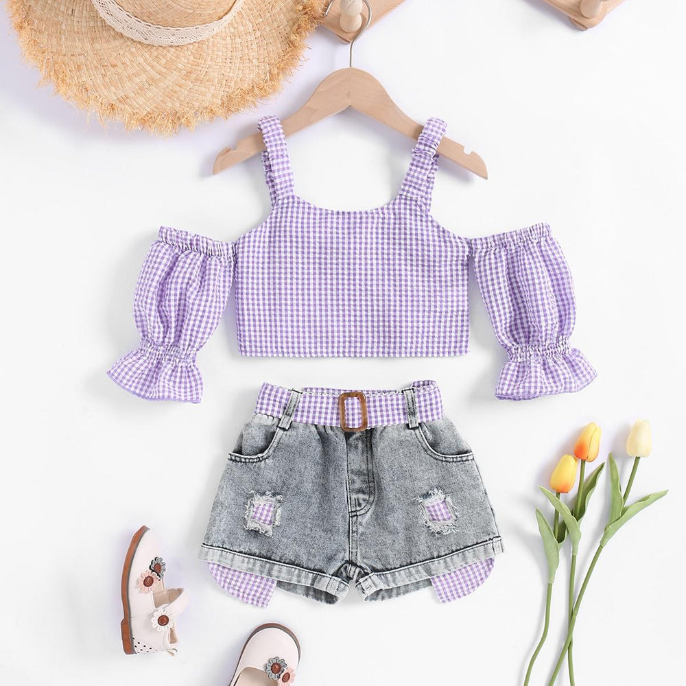 summer new arrival: trendy ins-style cross-border e-commerce export two-piece set for girls - off-shoulder cami with puff sleeves, sweet and adorable