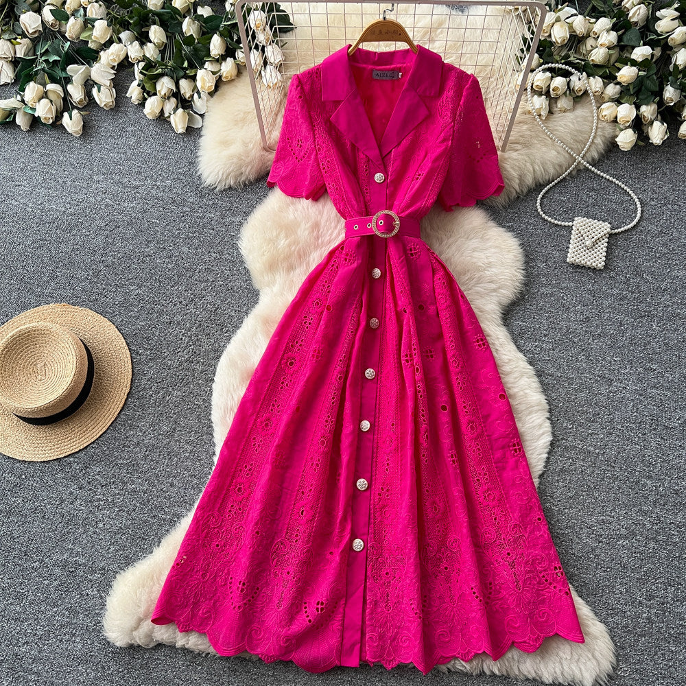 French romantic lace cutout dress - women's summer short sleeve, slim fit a-line dress - office chic & high-end style